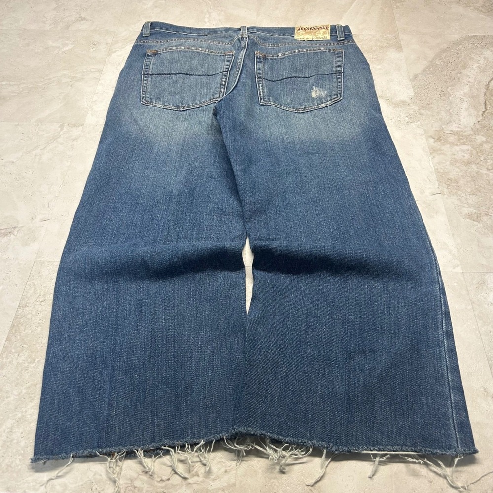 Aeropostale Vintage Bootcut Jeans Blue Mens 34 Custom Cropped Capri Raw Hem Y2K